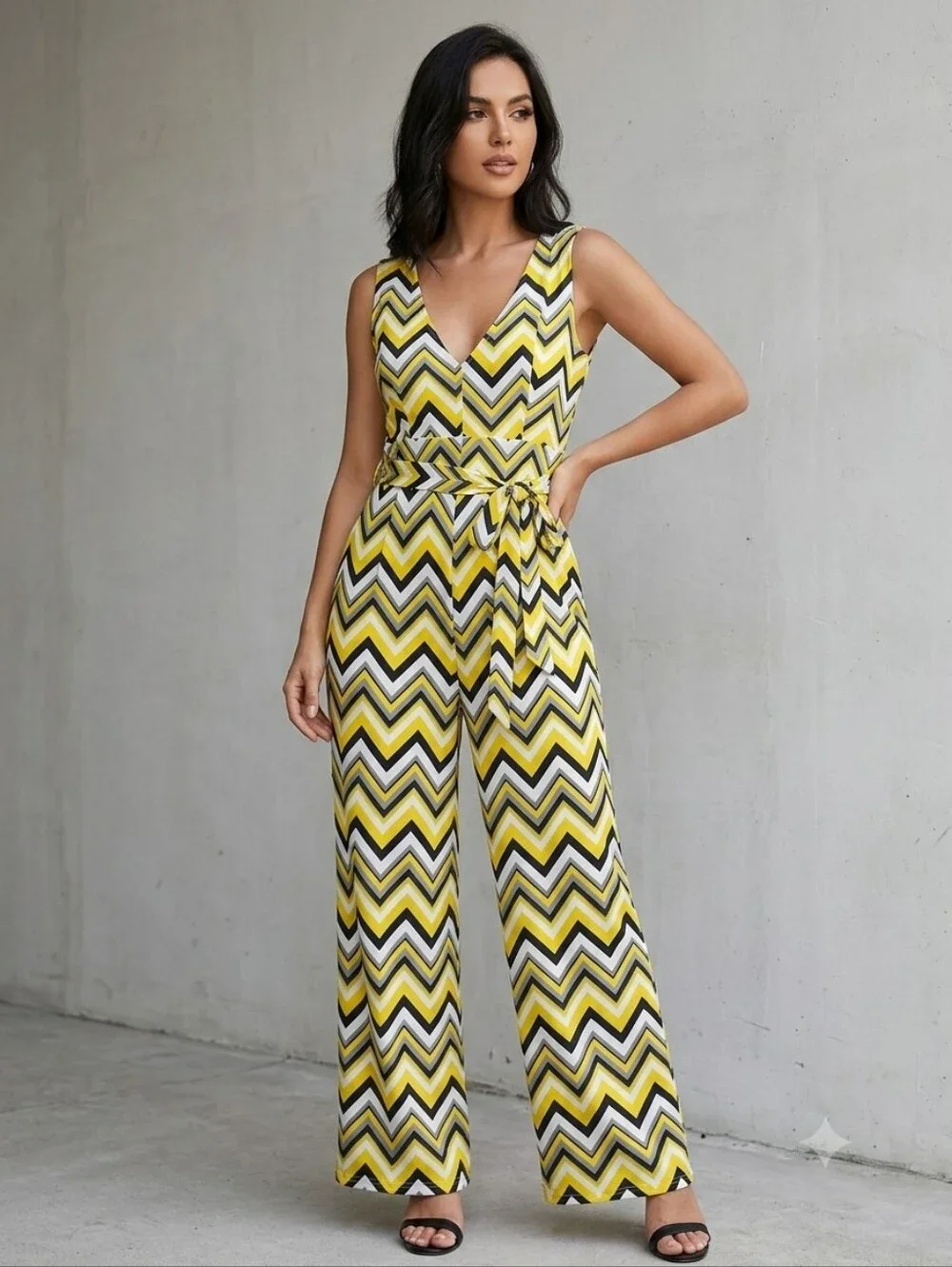 Tacera Sleeveless V-Neck Yellow Chevron Jumpsuit with Waist Tie